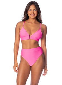 Radiant Pink Parade Long Line Triangle Bikini Top